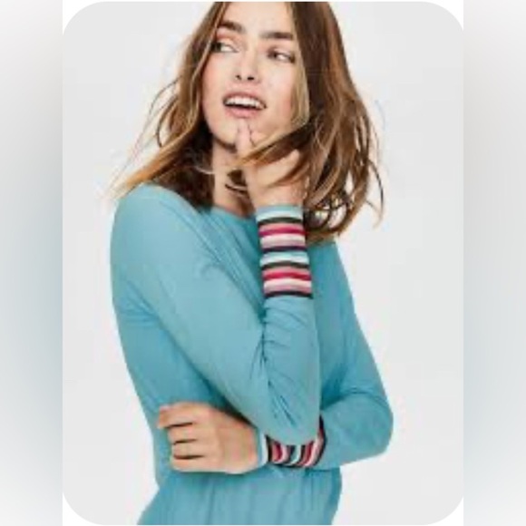 Boden | light Blue Striped Cuff Long Sleeve Boat Neck Tee, Large - Picture 1 of 8